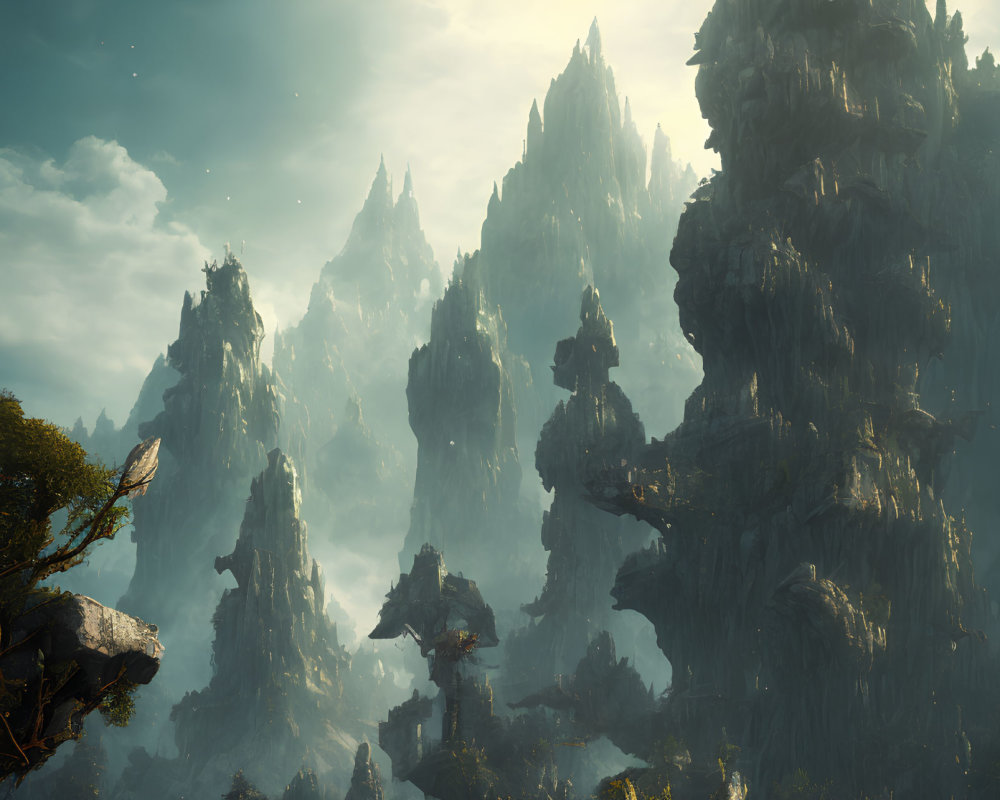 Mystical landscape with towering rock formations and a dragon.