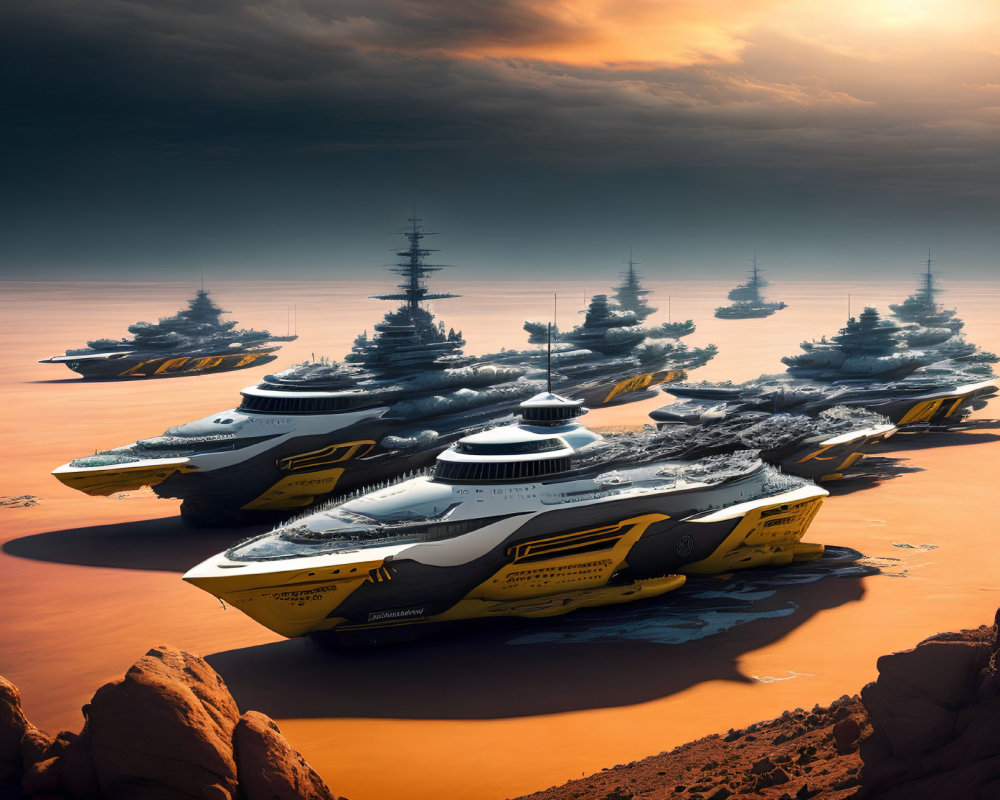 Futuristic warships with yellow and white highlights on an alien desert landscape