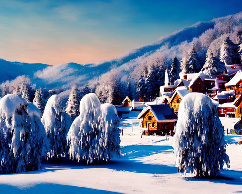 Snow-covered trees and chalets in winter landscape with mountains at sunrise or sunset