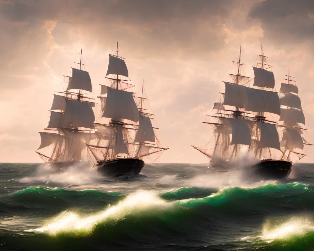 Majestic sailing ships on rolling ocean waves under dramatic sky