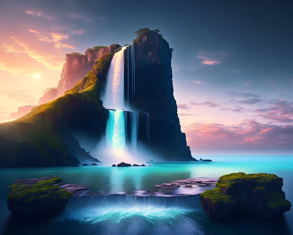 Majestic waterfall cascading into serene ocean at sunset