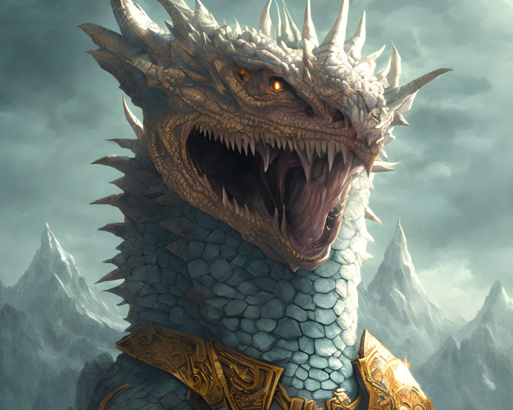 Detailed portrayal of fierce dragon head with sharp teeth, glowing eyes, ornate gold armor, against mountain