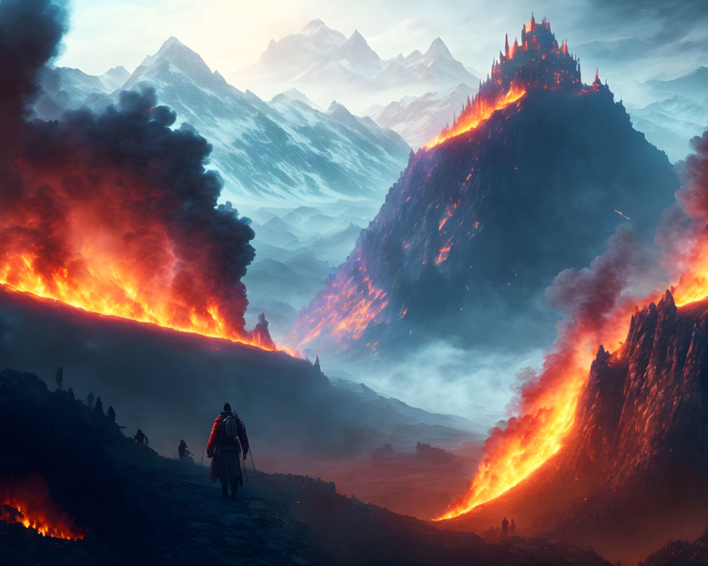 Majestic figure in volcanic landscape with castle and snowy mountains