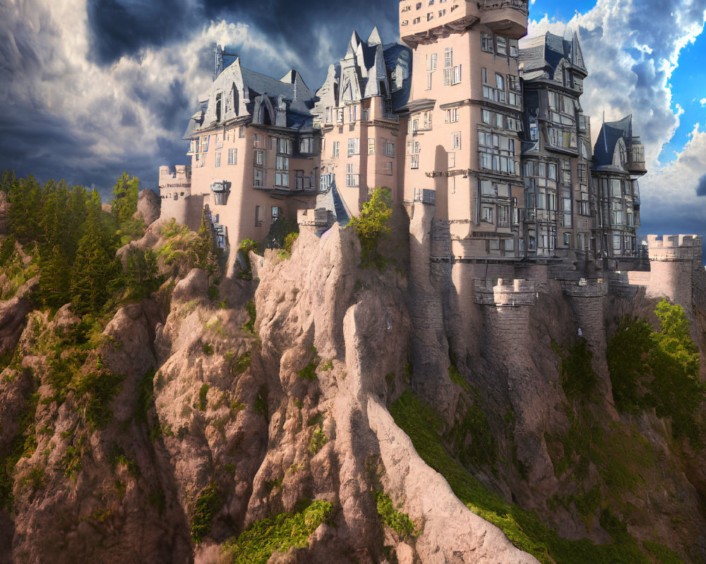 Castle on Cliff Overlooking Stormy Sky and Water