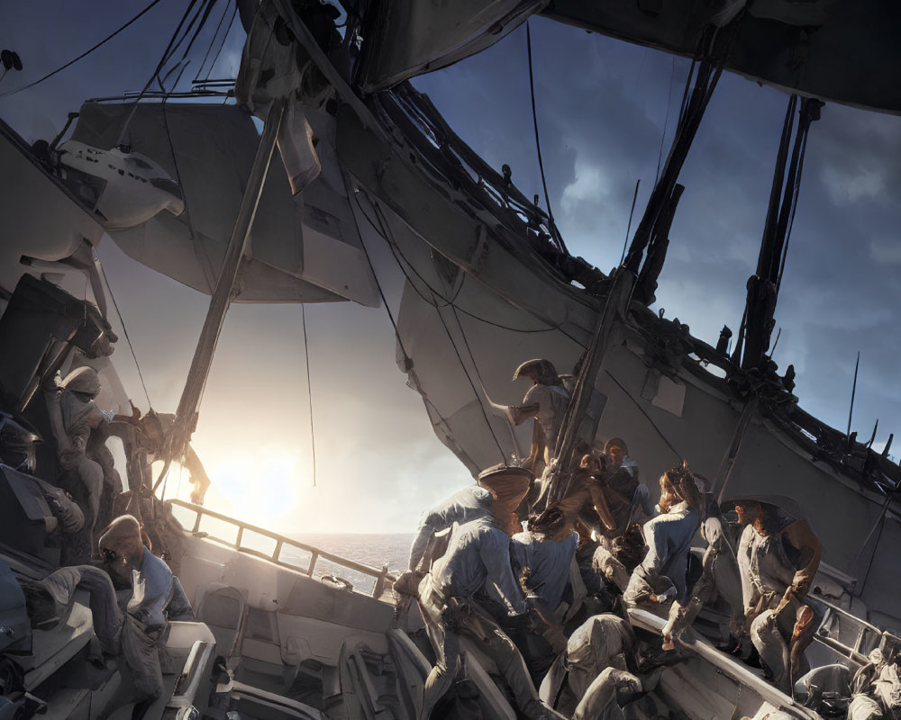 Sailors on damaged wooden ship in calm sea at sunrise or sunset