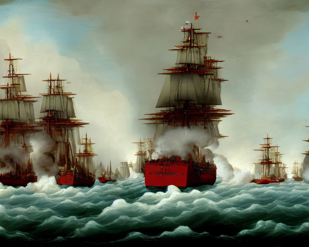 Naval battle scene with sailing ships in tumultuous seas