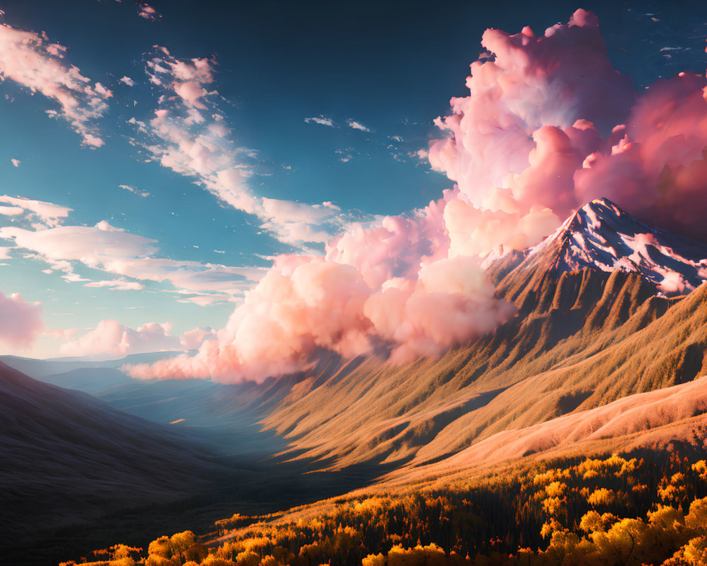 Snow-capped mountain, golden hills, pink clouds in blue sky