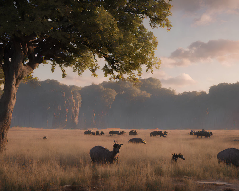 Diverse wildlife grazing in serene savanna at sunrise