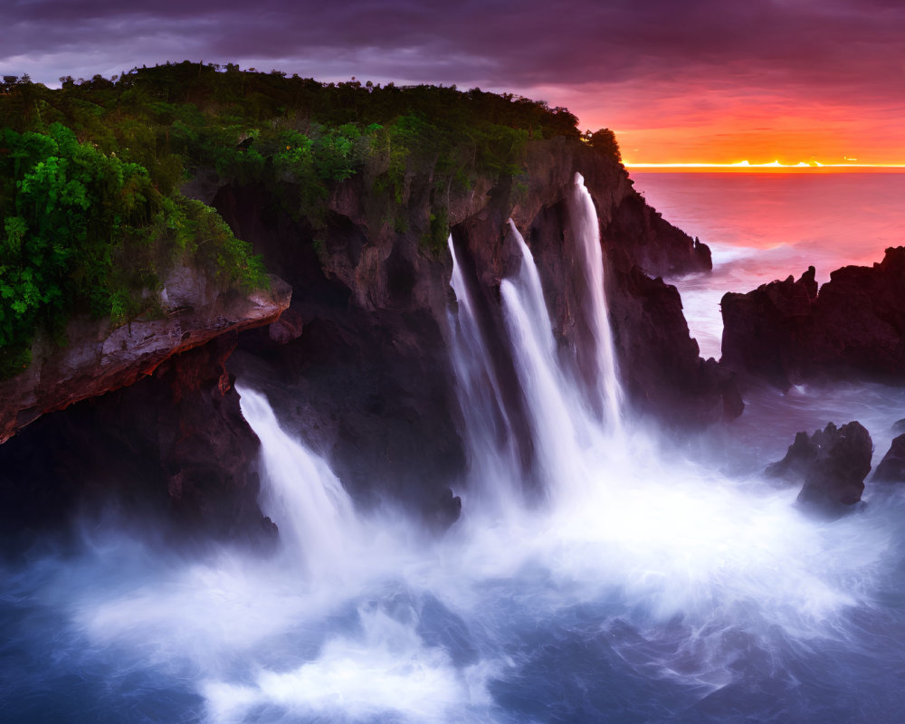 Majestic waterfall cascading into ocean at vibrant sunset