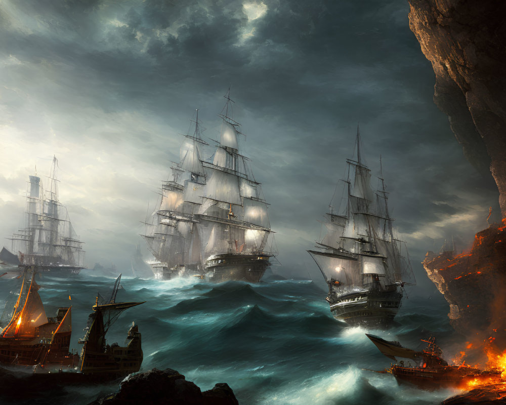 Tall ships in stormy seas amidst fiery wreckage and dark sky