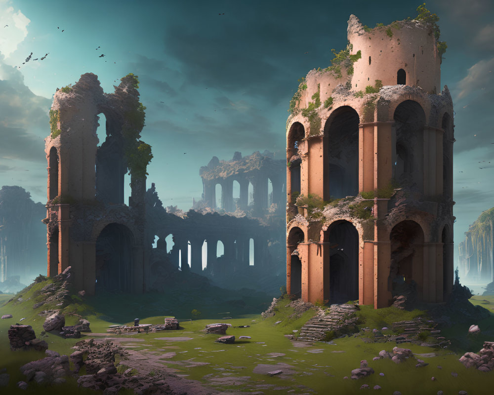 Ancient ruins with arches and columns in misty green landscape