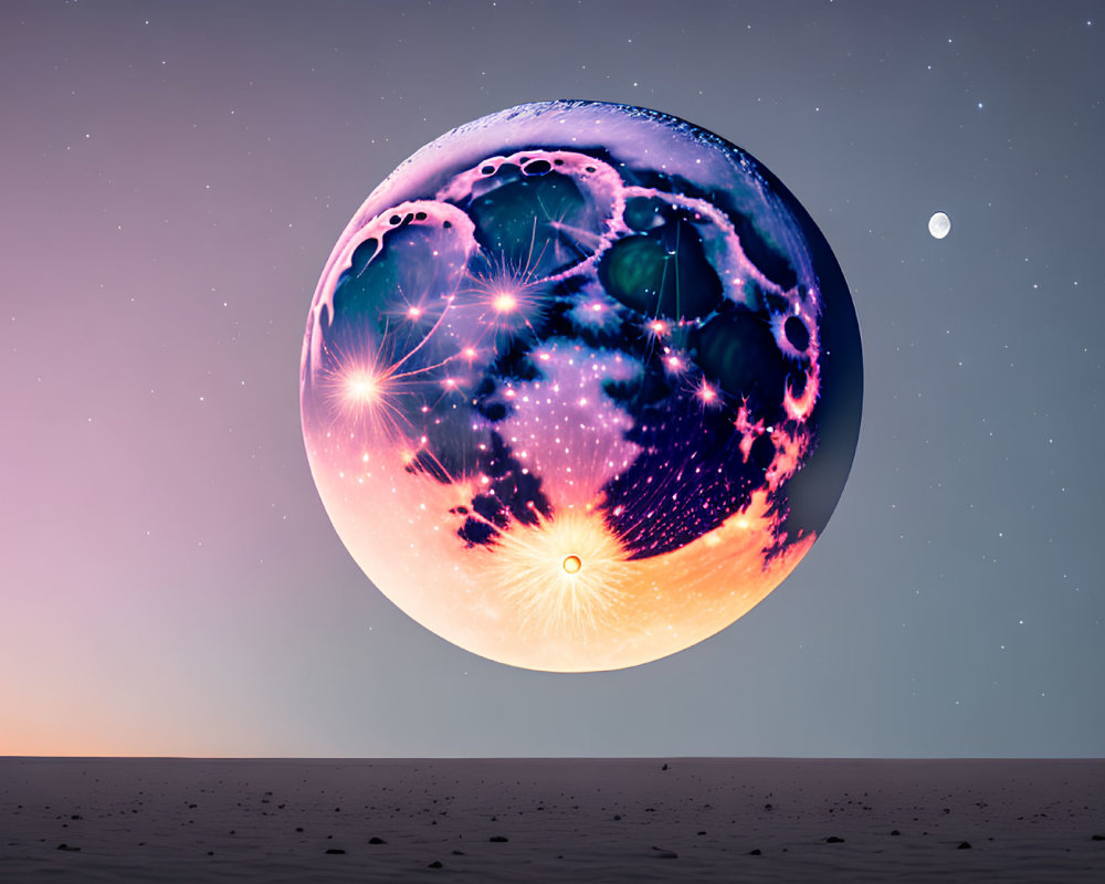 Vibrant celestial sphere over desert landscape at twilight