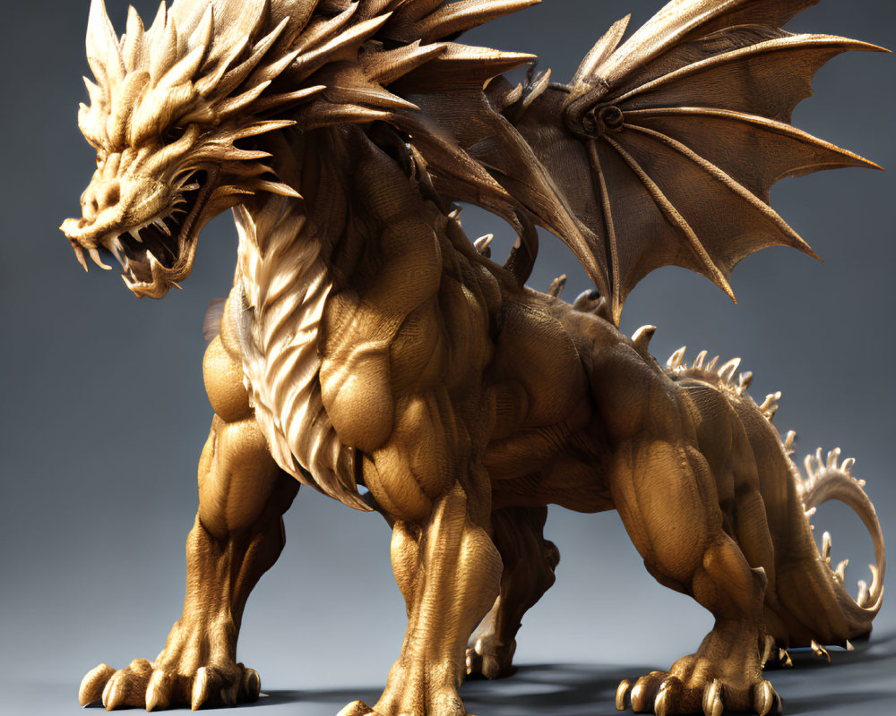 Intricate Golden Dragon Statue with Extended Wings