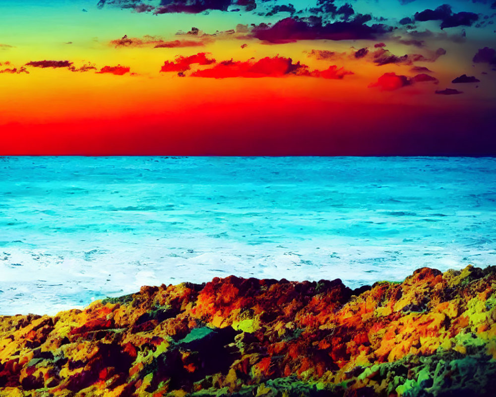 Colorful Ocean Sunset Silhouetting Rocky Shoreline