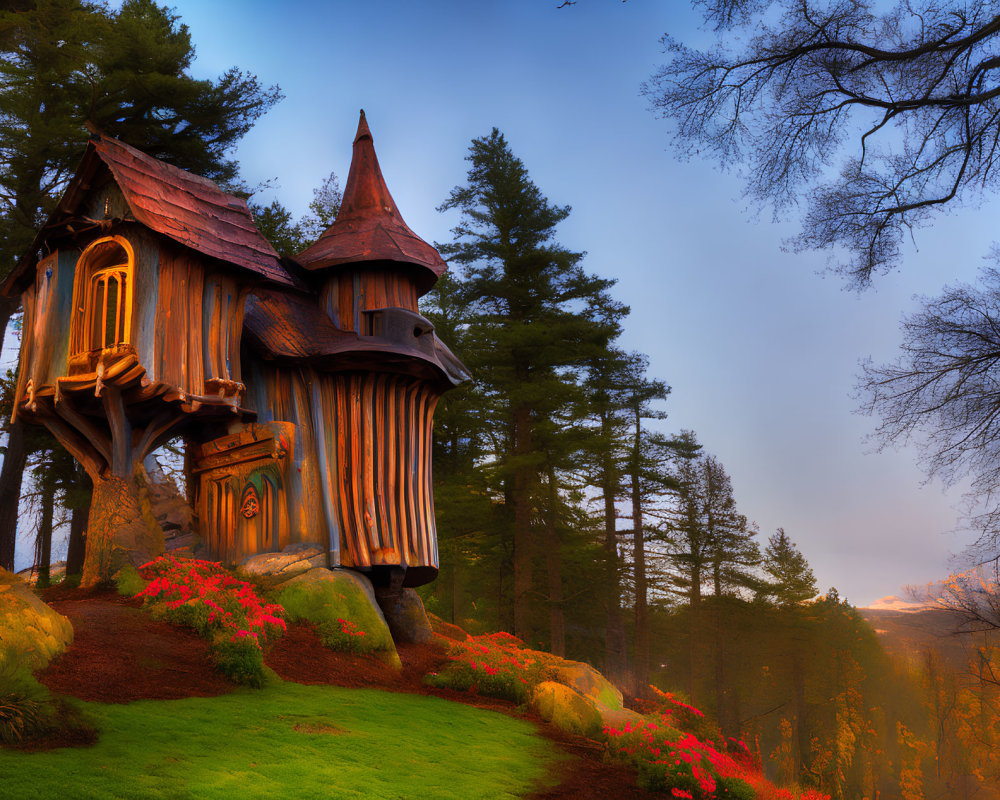 Wooden treehouse with conical roof in forested hillside at sunset