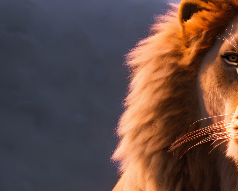 Majestic lion with thick mane in warm sunlight against dark clouds