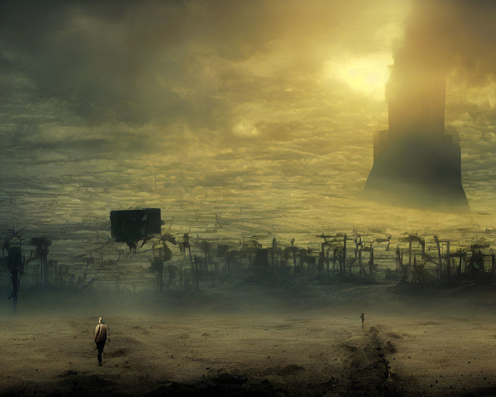 Dark Tower in Dystopian Landscape with Dramatic Sun