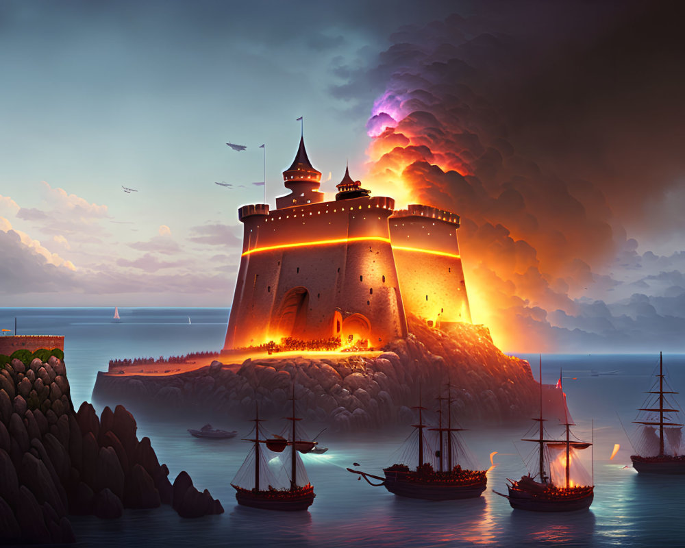 Fantastical castle on cliff at sunset with fiery sky and sailing ships on calm sea