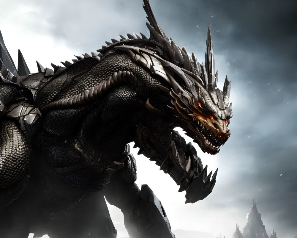 Black dragon with glowing eyes and sharp spikes in dark, cloudy skies