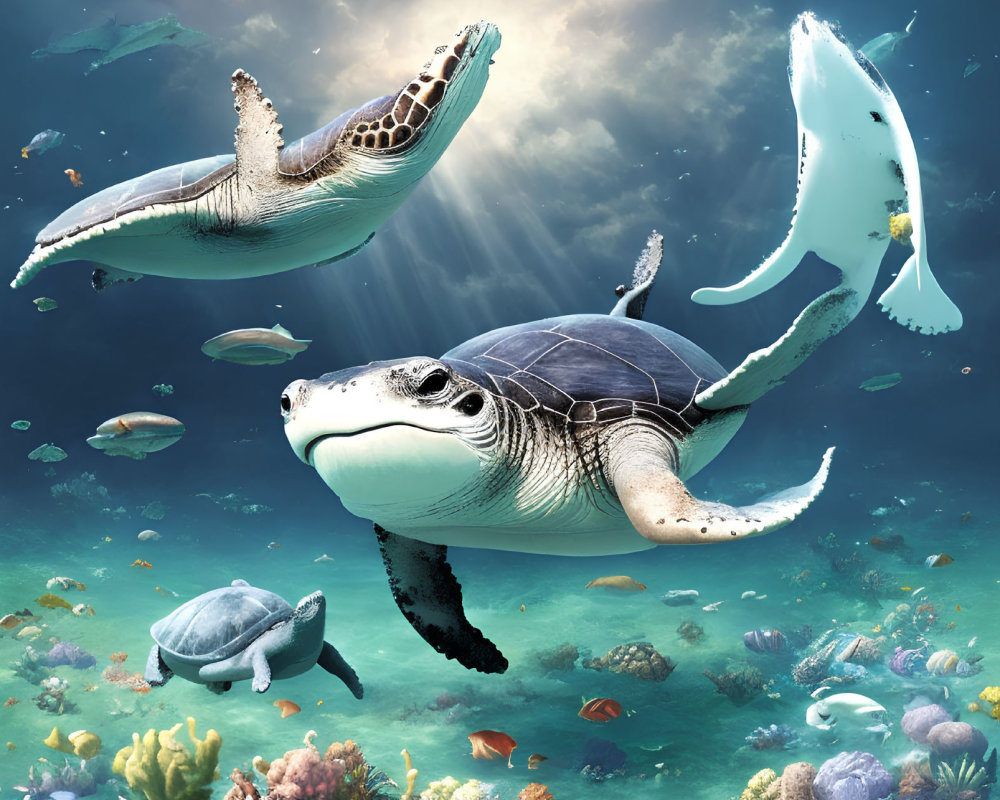 Sea Turtles and Colorful Fish in Vibrant Underwater Scene