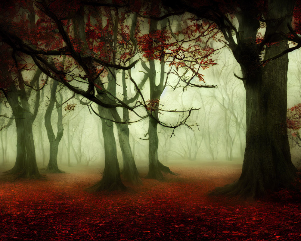 Mystical forest with red leaves, twisted trees in foggy setting