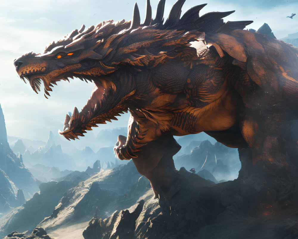 Majestic dragon with orange eyes on mountain peak