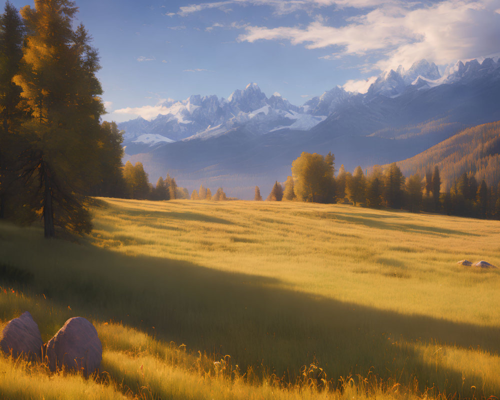 Golden meadow with tall grass, snow-capped mountains, and clear sky