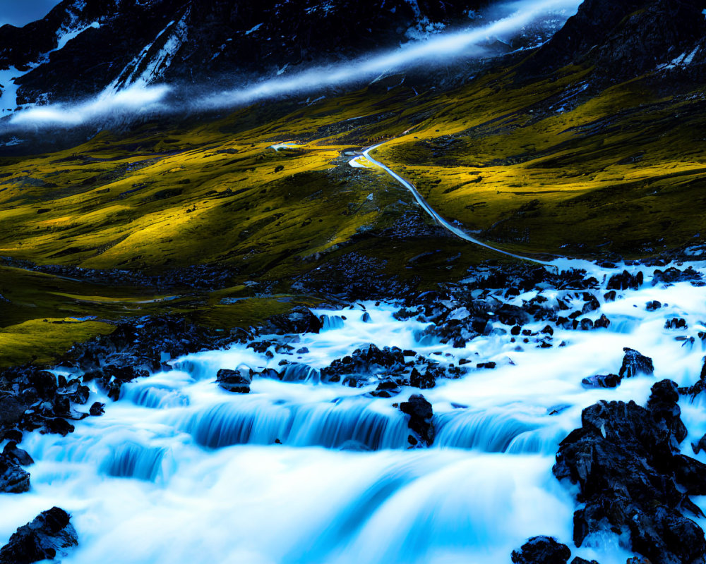 Majestic mountains and silky blue river in vibrant scene