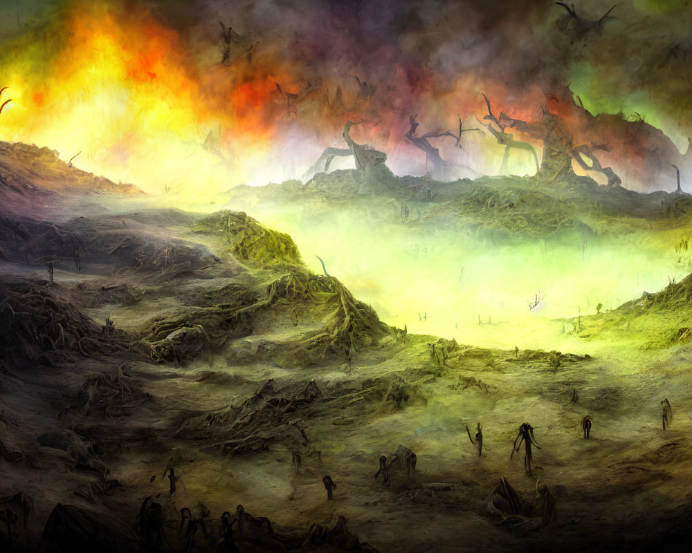 Apocalyptic landscape with skeletal figures under fiery sky