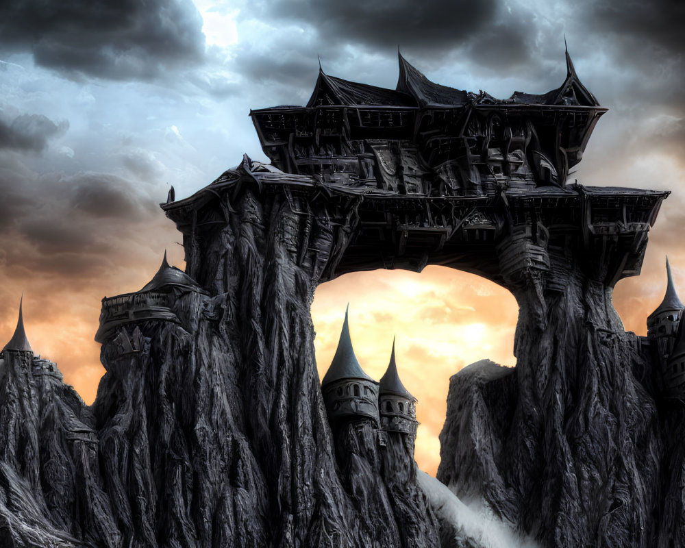 Imposing fantasy castle on rugged cliffs under dramatic cloudy sky