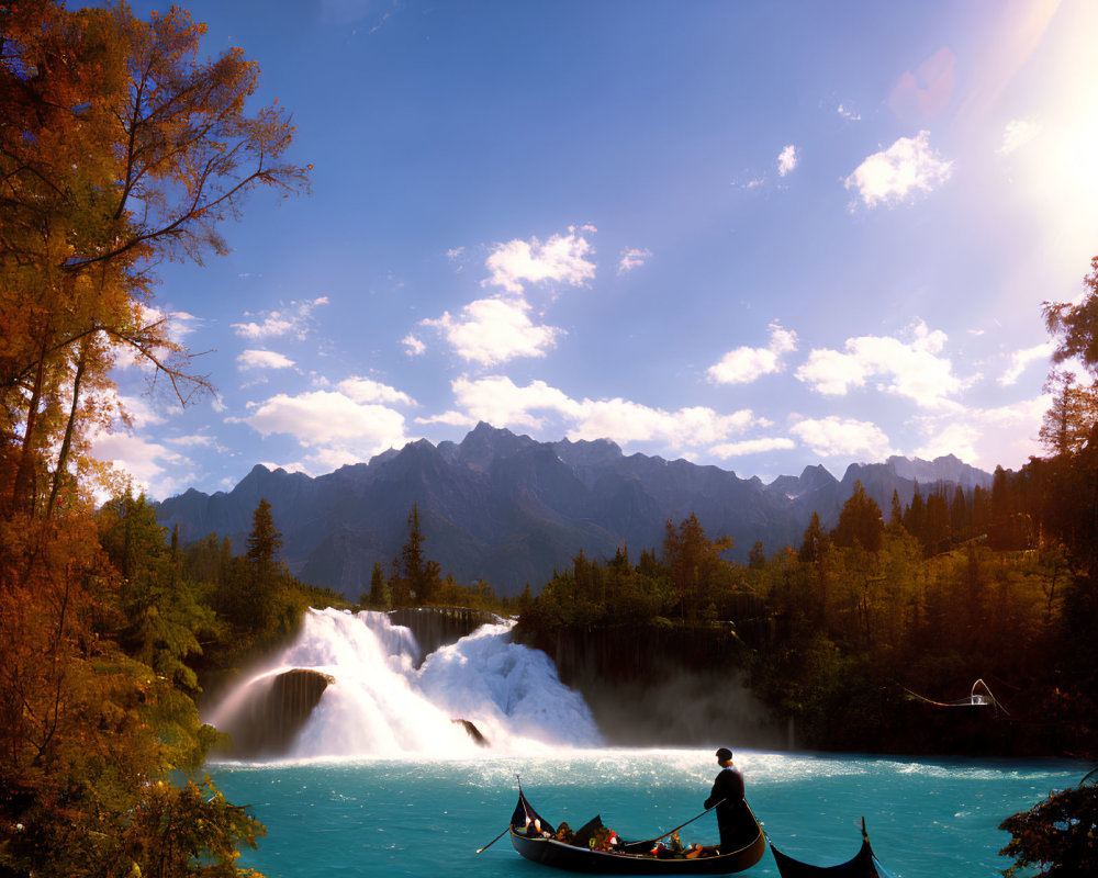 Tranquil landscape with turquoise lake, waterfall, gondola, and mountain range under sunny autumn