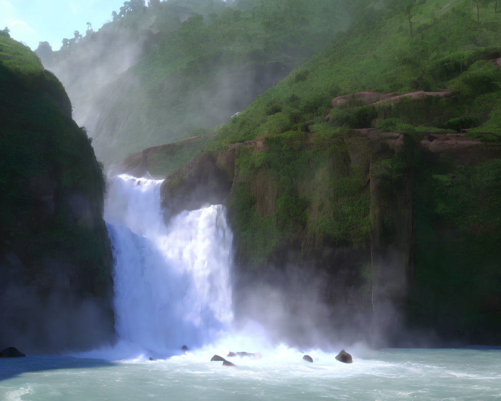 Majestic waterfall surrounded by lush greenery and hills