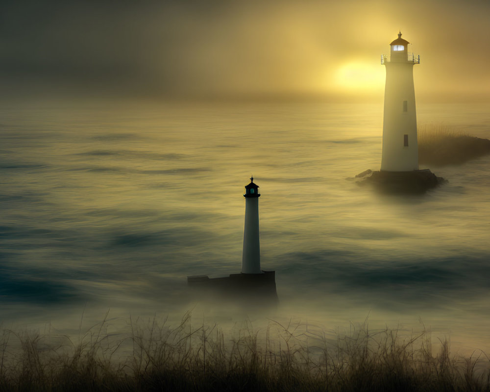 Two lighthouses in misty waters at sunset