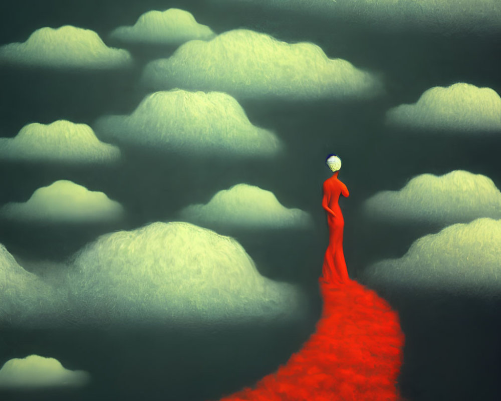 Solitary figure in red walking on crimson path in ethereal landscape