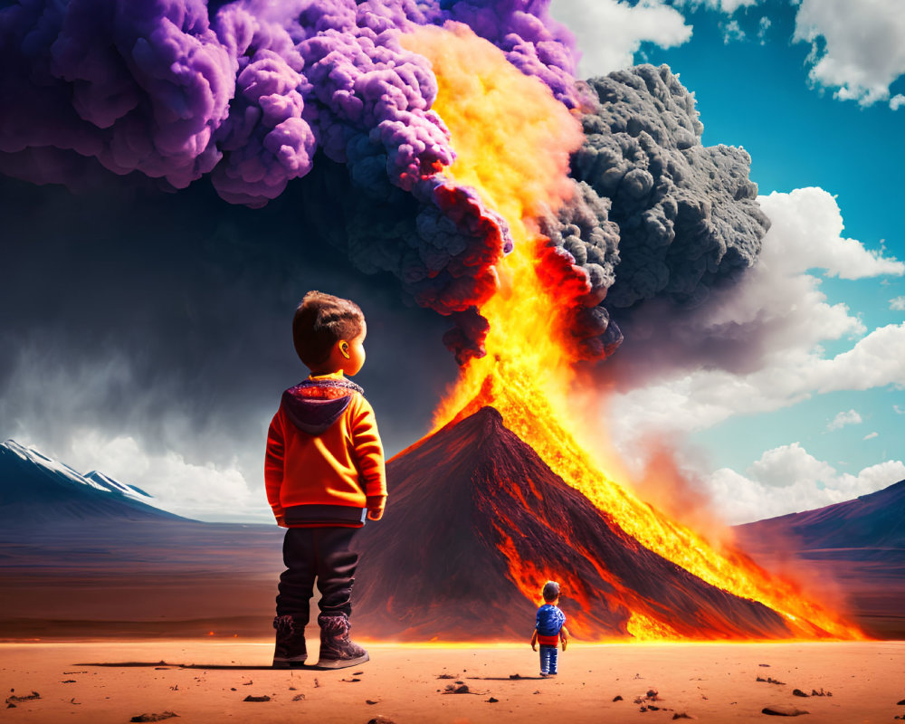 Child in orange hoodie and smaller figure observe volcanic eruption with purple and gray smoke.