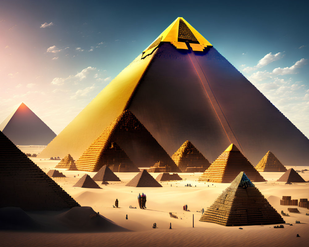 Surreal desert landscape with multiple pyramids and unusual stacks