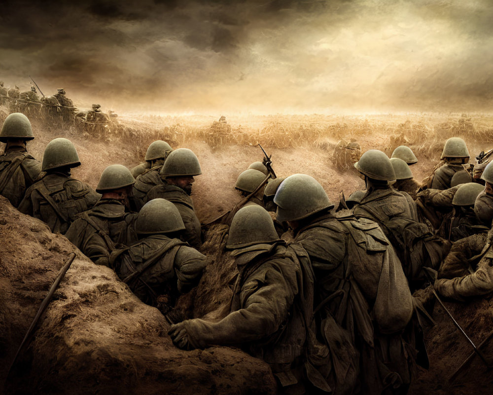 Soldiers in helmets crouched in trench on tense battlefield.