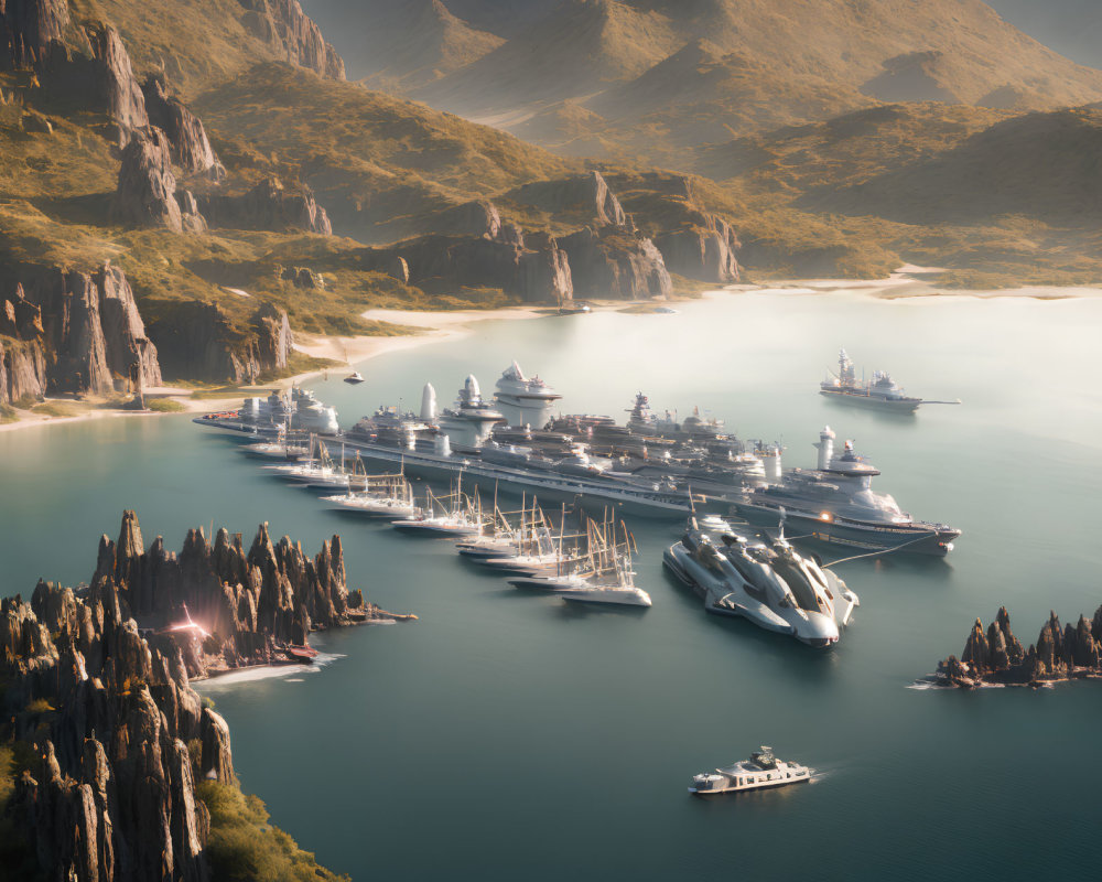 Tranquil bay with ships and yachts, cliffs, and golden-hour light