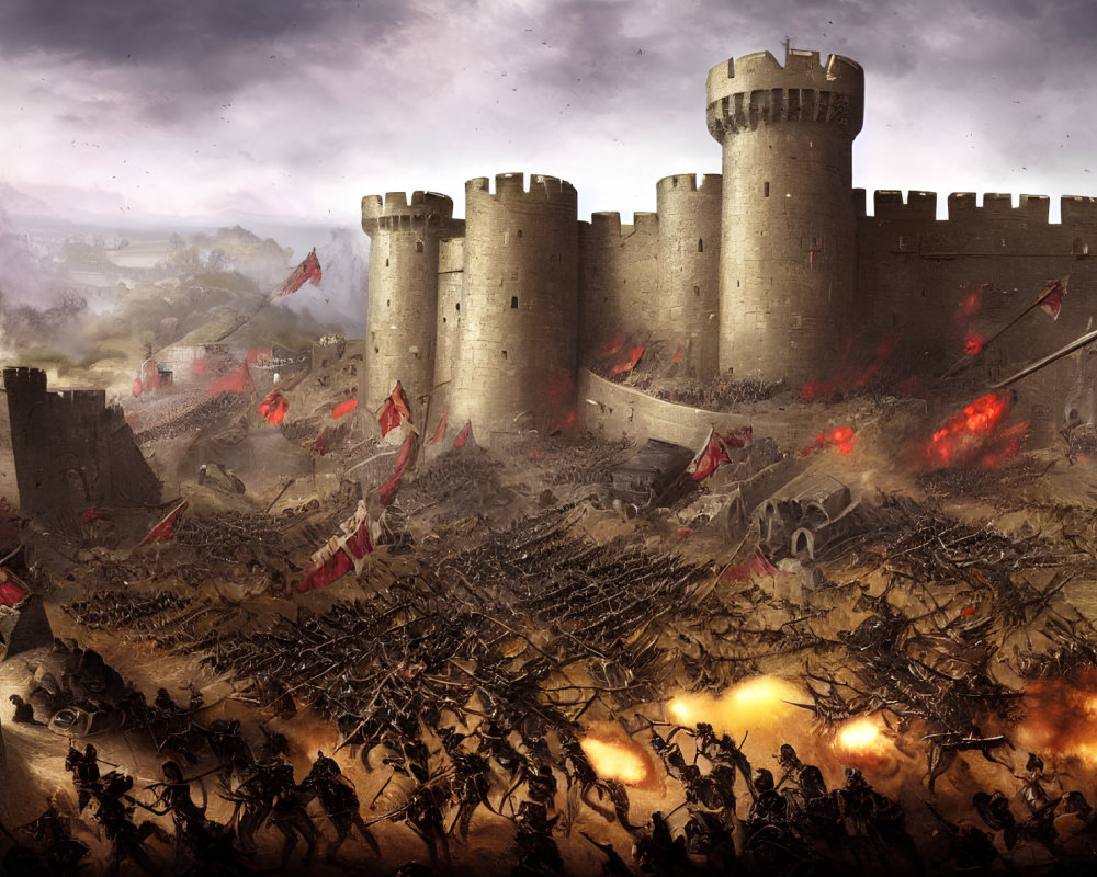 Medieval castle siege with battling armies, fireballs, smoke, and fluttering banners