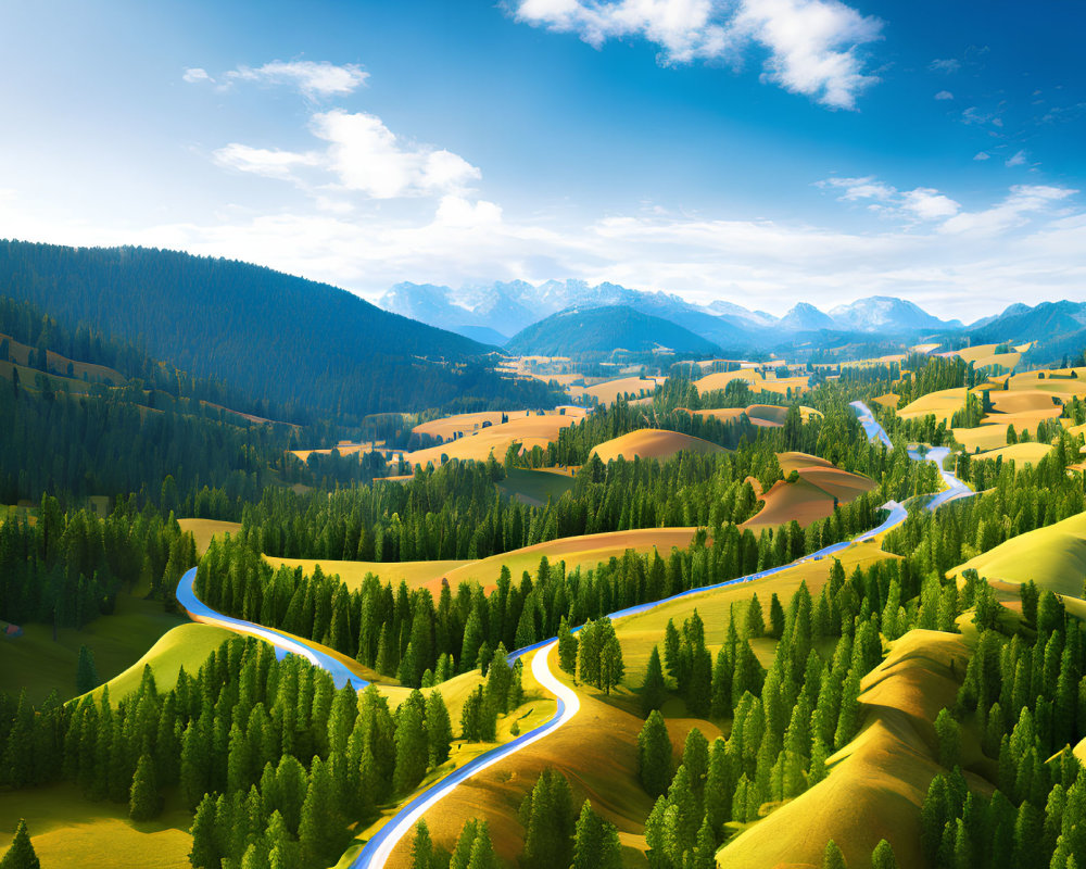 Scenic landscape: winding river, rolling hills, dense forests, snow-capped mountains