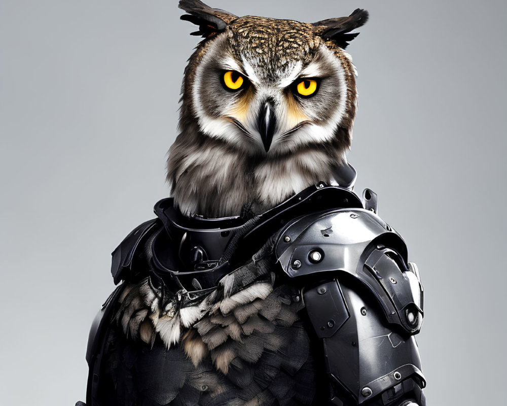 Yellow-eyed Owl in Medieval Armor on Grey Background