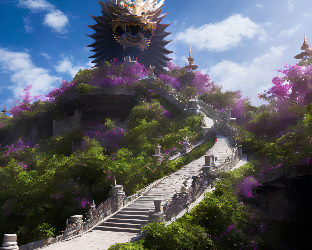 Verdant cliff temple with pink blossomed trees and ornate mask-like structure