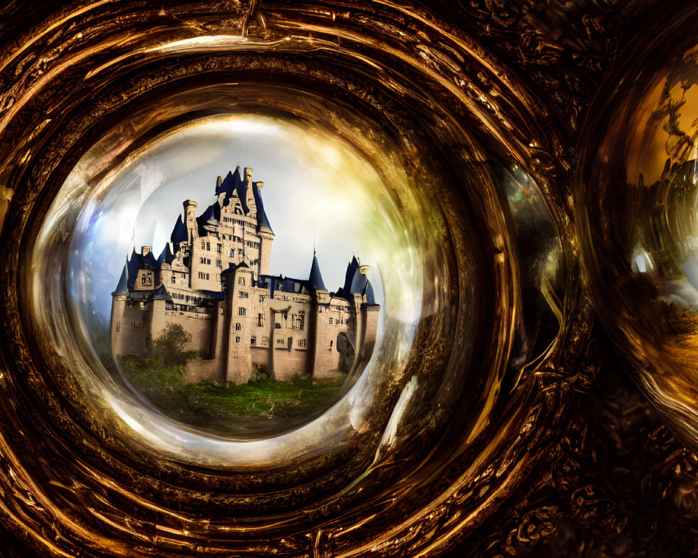 Surreal fisheye view of castle in ornate golden frame