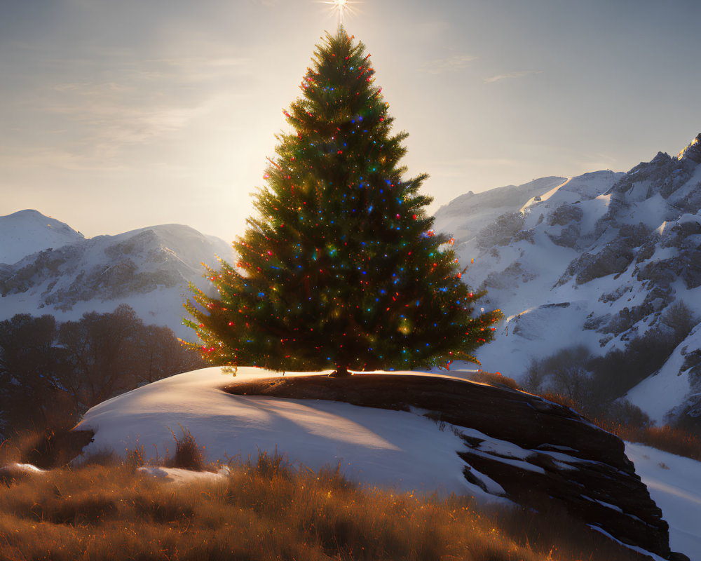 Snowy hill Christmas tree with twinkling lights and star, set against winter sunset.