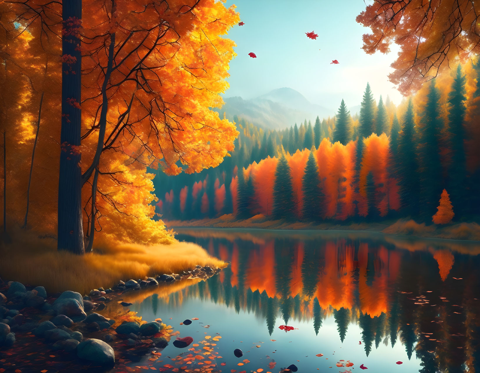 Tranquil autumn landscape with vibrant trees, calm lake, sunbeams, and mountain view