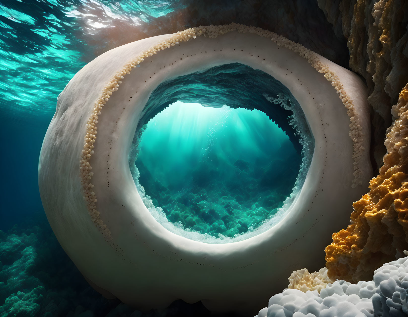 Circular opening in textured underwater cave with clear blue water.