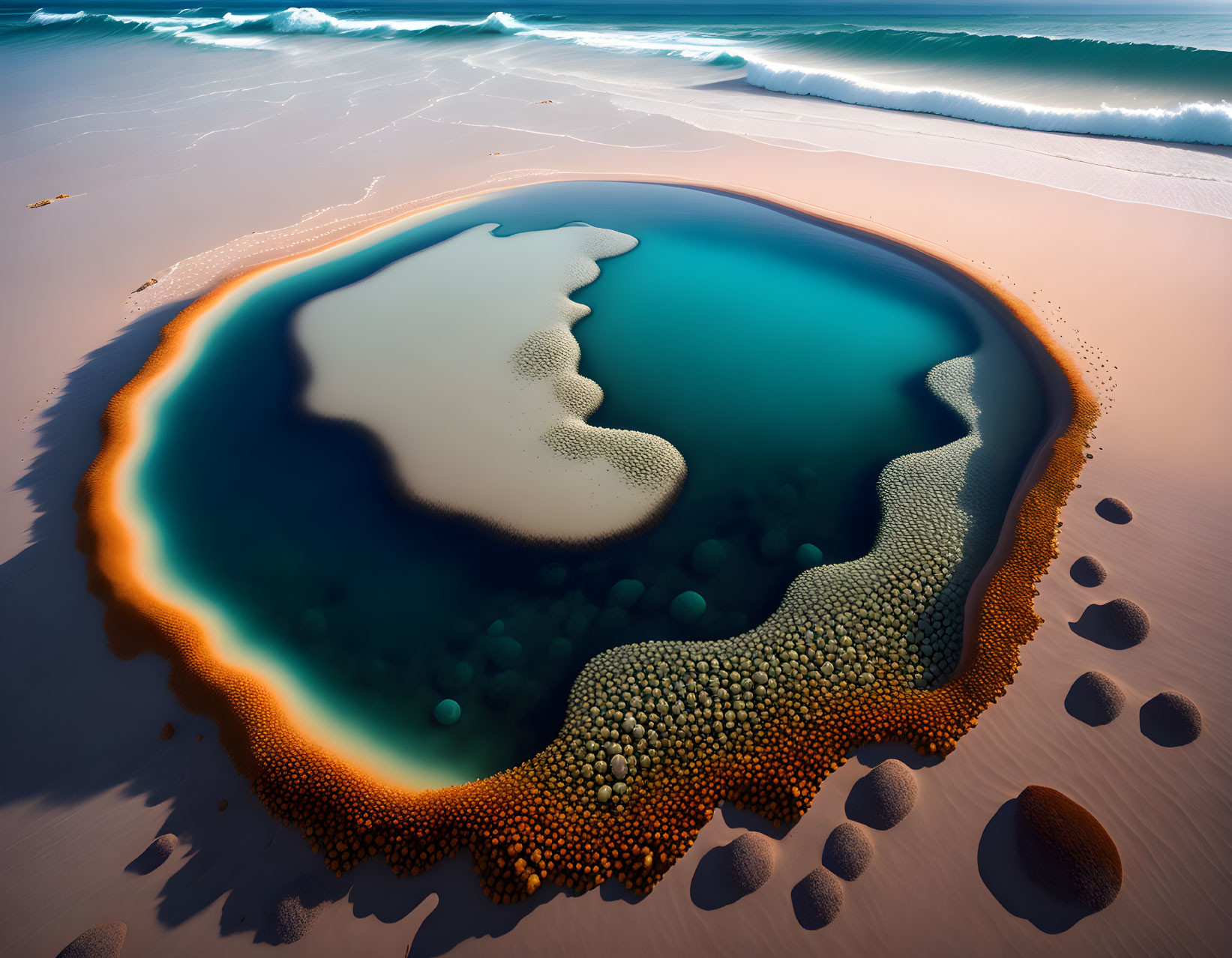 Vivid Tidal Pool with Orange Edges on Sandy Beach