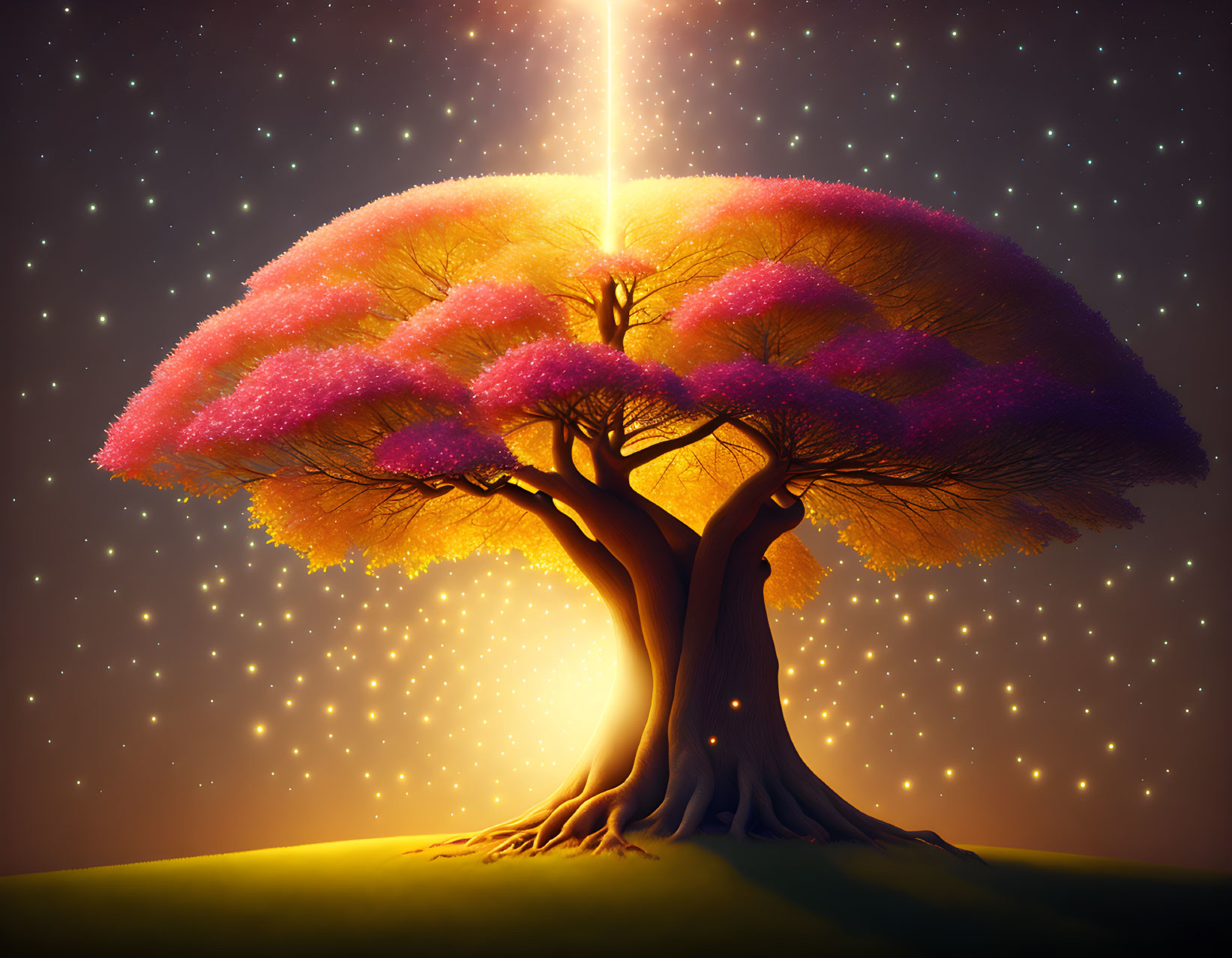 Colorful Tree Illustration with Luminous Beam and Starry Sky