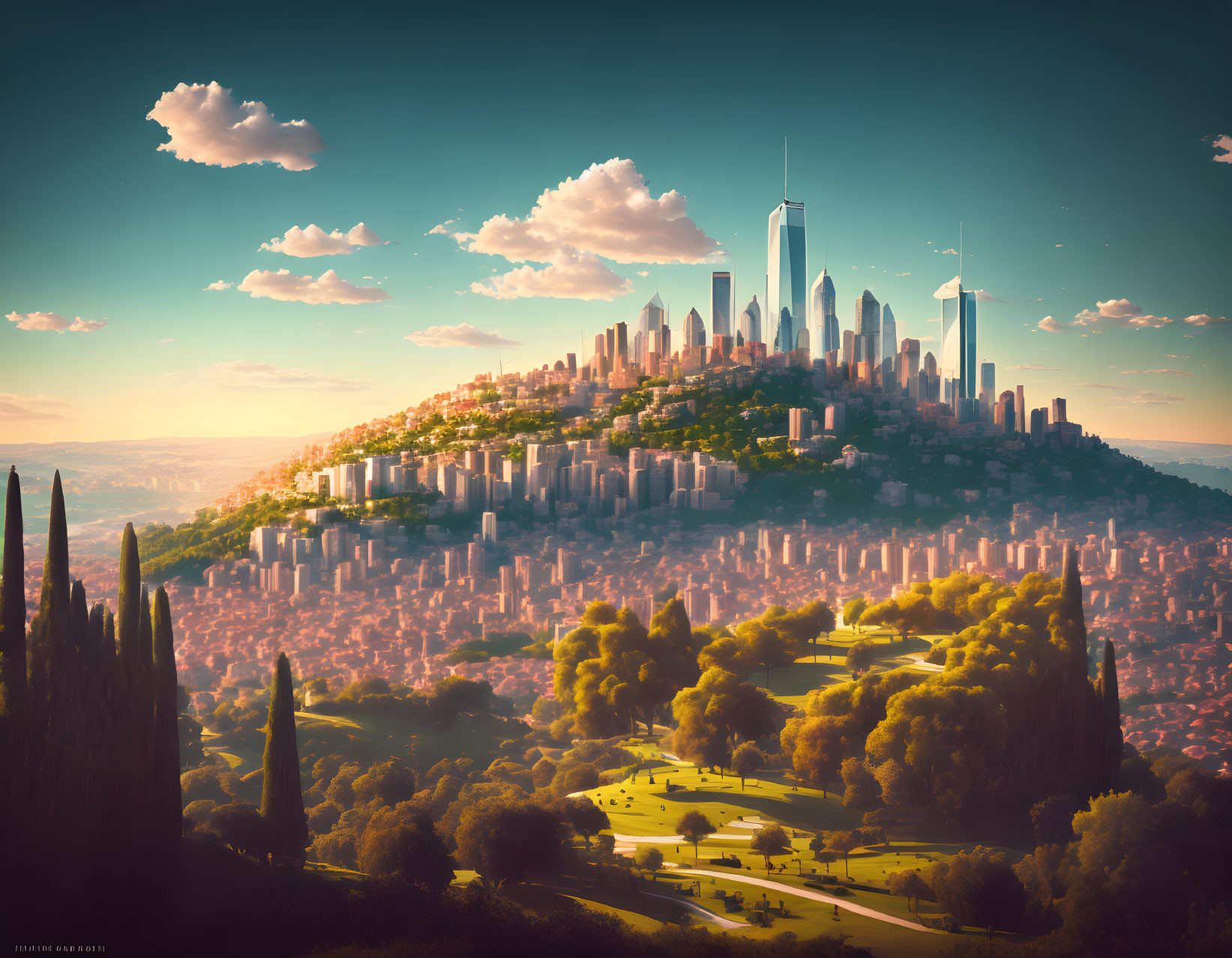 Modern skyscrapers in utopian cityscape under golden sunset.