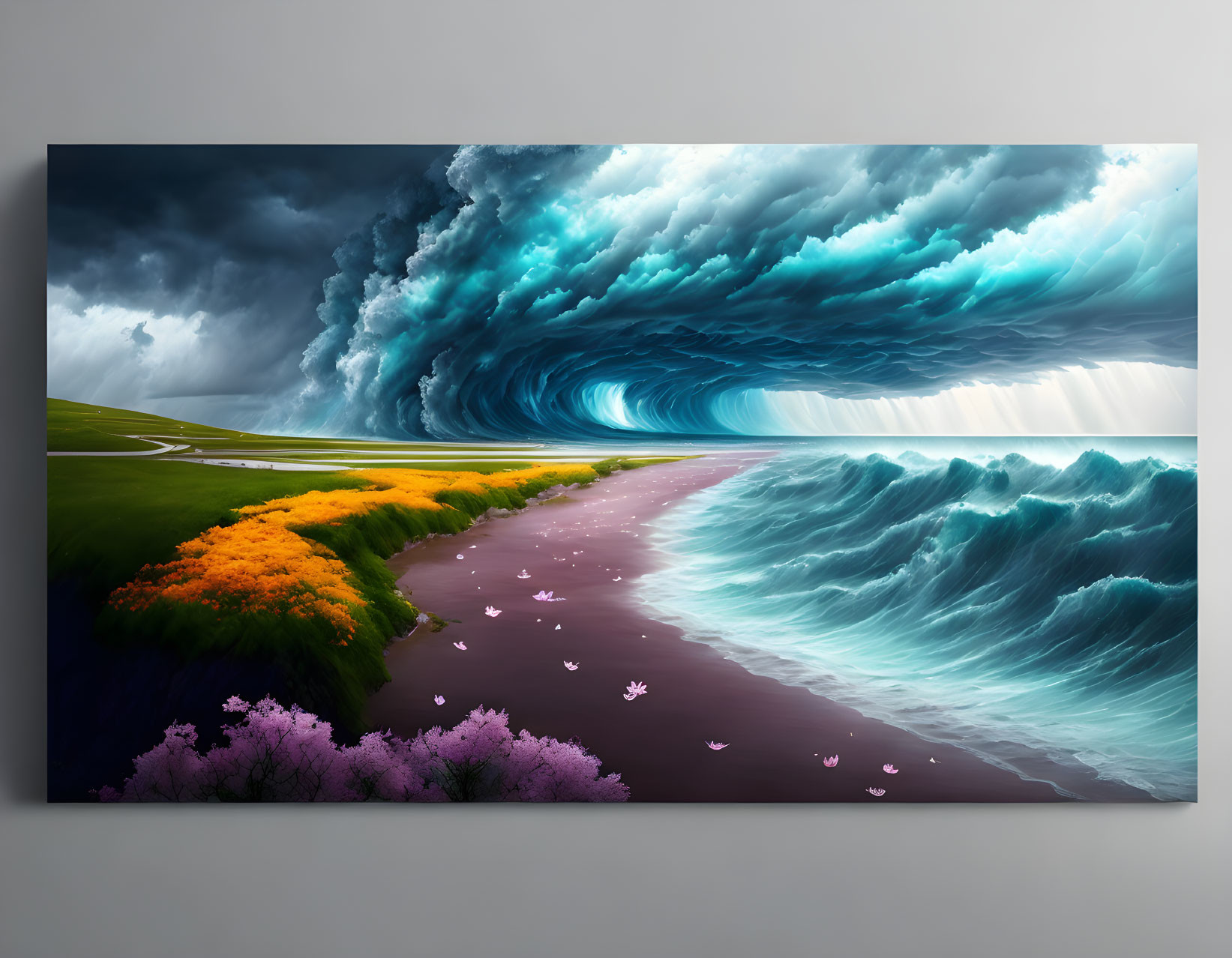 Dramatic seascape painting with storm cloud, turbulent waves, vibrant shoreline